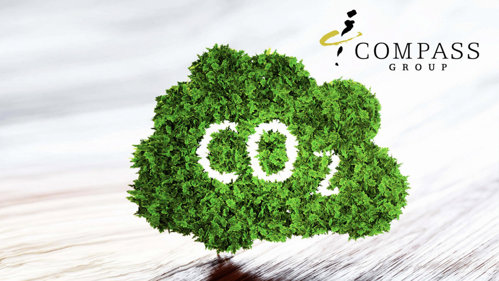 Ett grönt träd med texten CO2 och Compass Groups logga